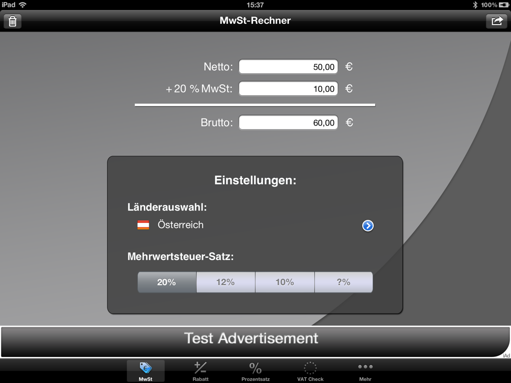 Erste Bilder vom Mobilen MwSt-Rechner für das iPad